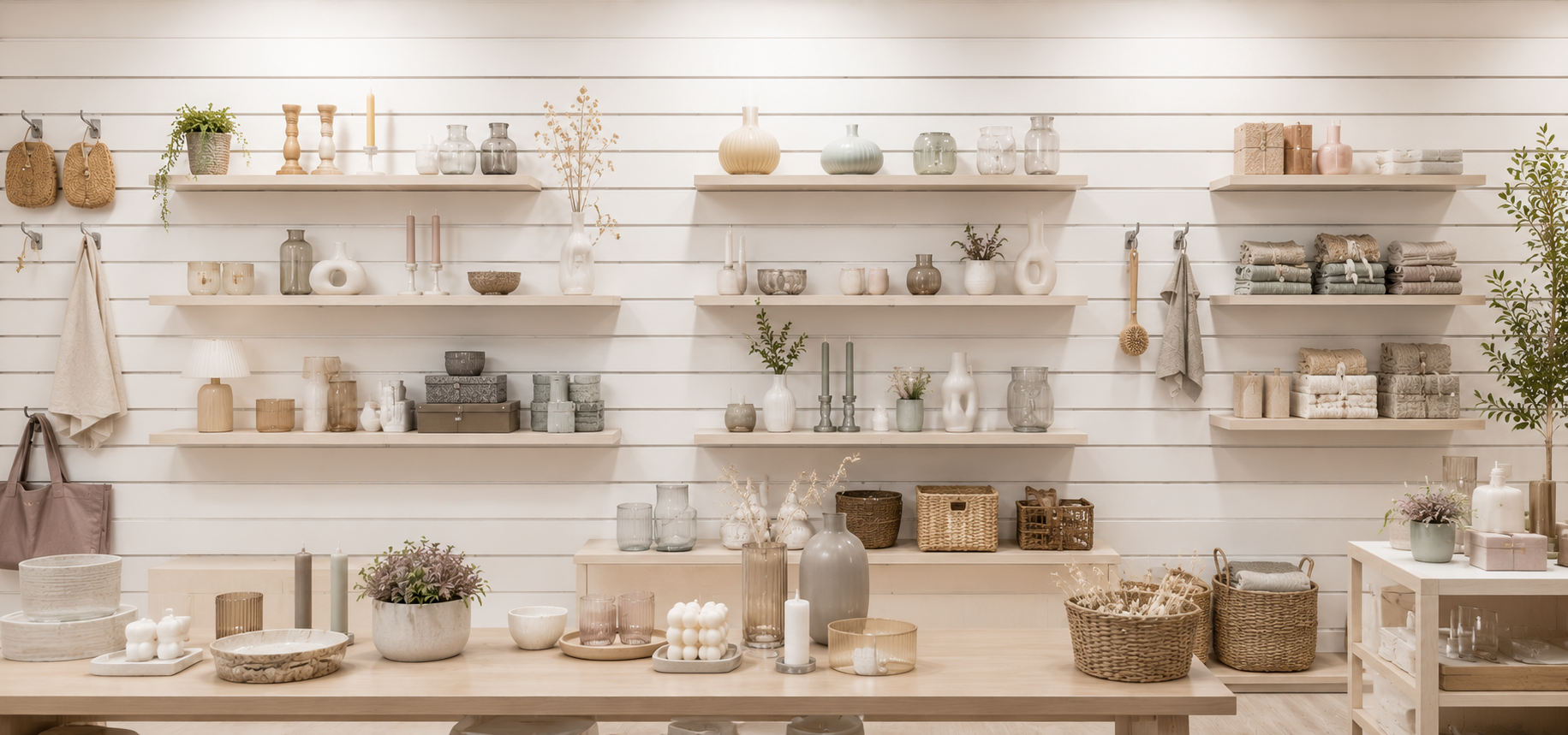 Rillepanelvæg med hylder til brugskunst og gaveartikler i butik