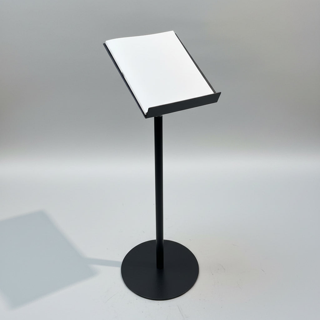 Brochure holder for floor. Plate (22 x 31) with front edge for brochures, shirts, etc. H66-122 cm. Heavy base