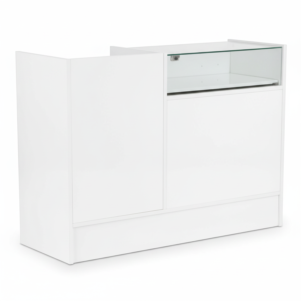 Slimline Disk, combination module, with glass top, incl. 1 pull-out tray, small drawer and 2 compartments each with 1 shelf, white, H96 x W120 x D46 cm