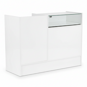 Slimline Disk, combination module, with glass top, incl. 1 pull-out tray, small drawer and 2 compartments each with 1 shelf, white, H96 x W120 x D46 cm