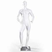 Male sports mannequin, football player - white. Standing - foot on ball