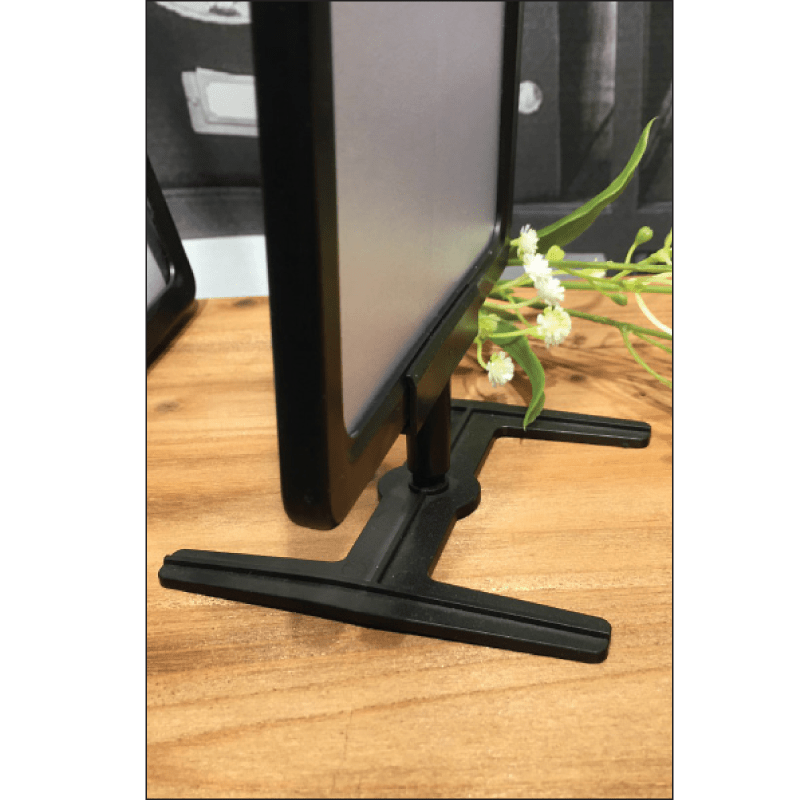 H plastic stand. W 10 x D 5.5 cm, sign holder for plastic frames. See and choose colors