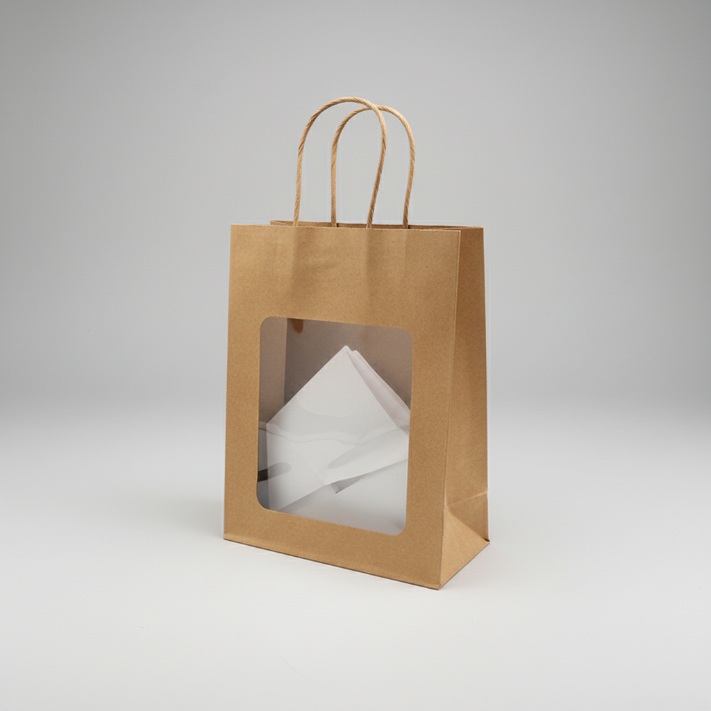 Paper bag. H 27.5 cm. With window. Gift bag - natural. 20 pcs.