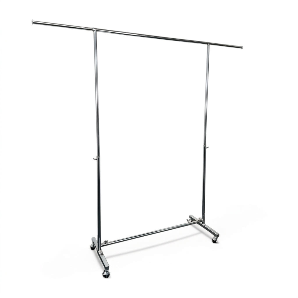 Spacey garment/clothing rack with wheels, chrome.