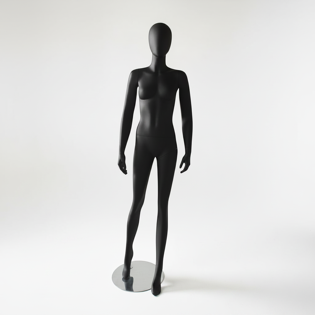 1300 Faceless female mannequin. Black with head (egg). Round metal base. H 180 cm. Model A