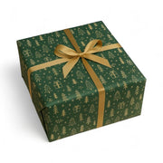 Wrapping paper, Christmas, moss green with gold print of presents and Christmas tree, white coated, 80 gsm, 50 cm x 50 m *