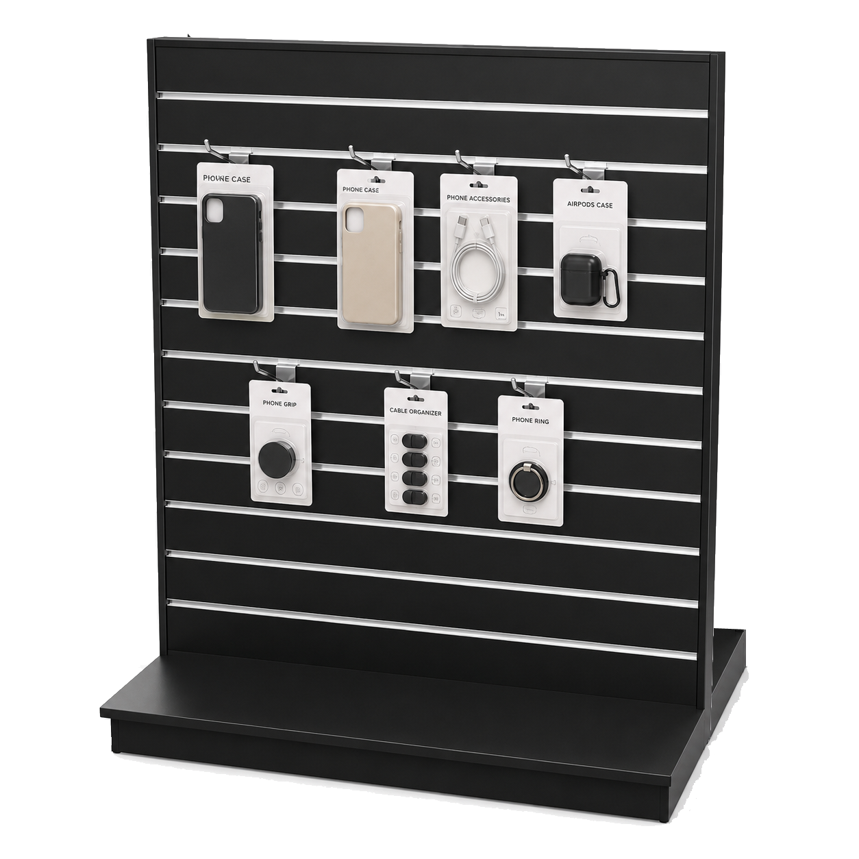 Gondola, double-sided, black, W124 x D61 x H132 cm. Groove spacing 10 cm. Includes wheels