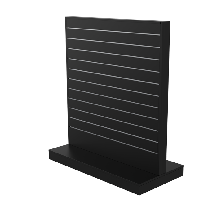 Gondola, double-sided, black, W124 x D61 x H132 cm. Groove spacing 10 cm. Includes wheels