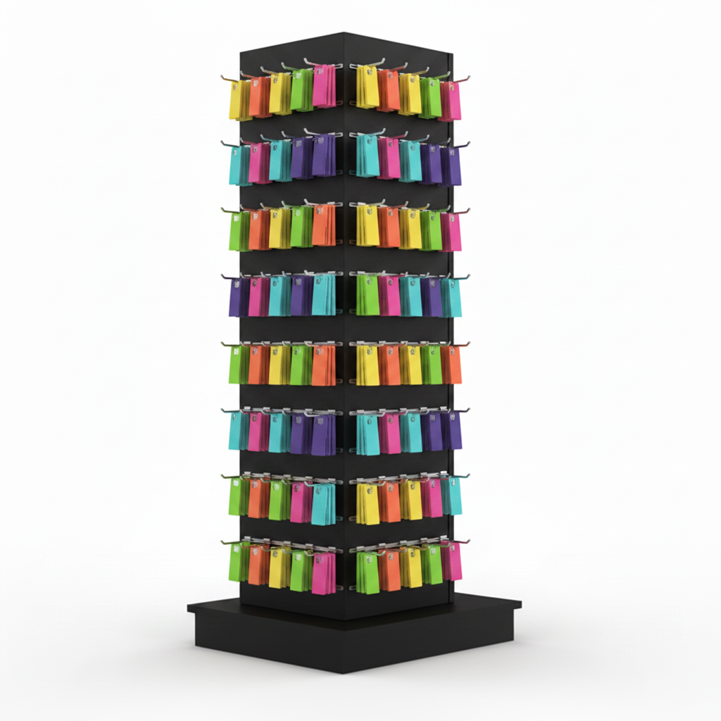 Gondola, 4-sided, black, W61 x D61 x H170 cm. Groove spacing 10 cm. Includes wheels