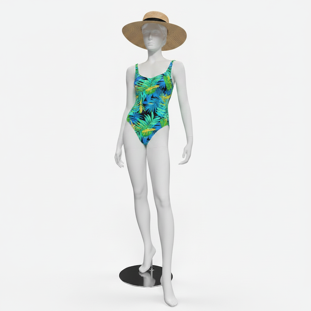 Realistic female mannequin. White with head, face and sculpted hair. Round metal base. Standing - slightly on tiptoe
