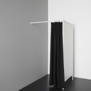 1-sided fitting room. Set with frame in white, incl. 1 curtain in black, panel in white. W 100 x D 100 x H 210 cm.