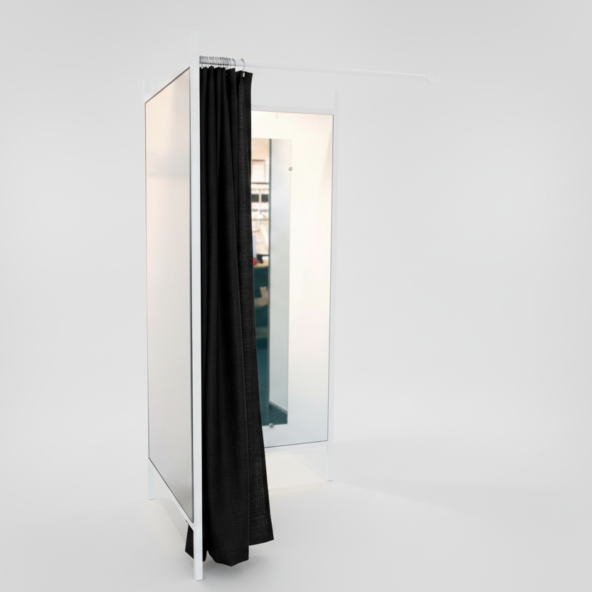 2-sided fitting room. Set with frame in white, includes 1 curtain in black, panel in white. W 100 x D 100 x H 210 cm.