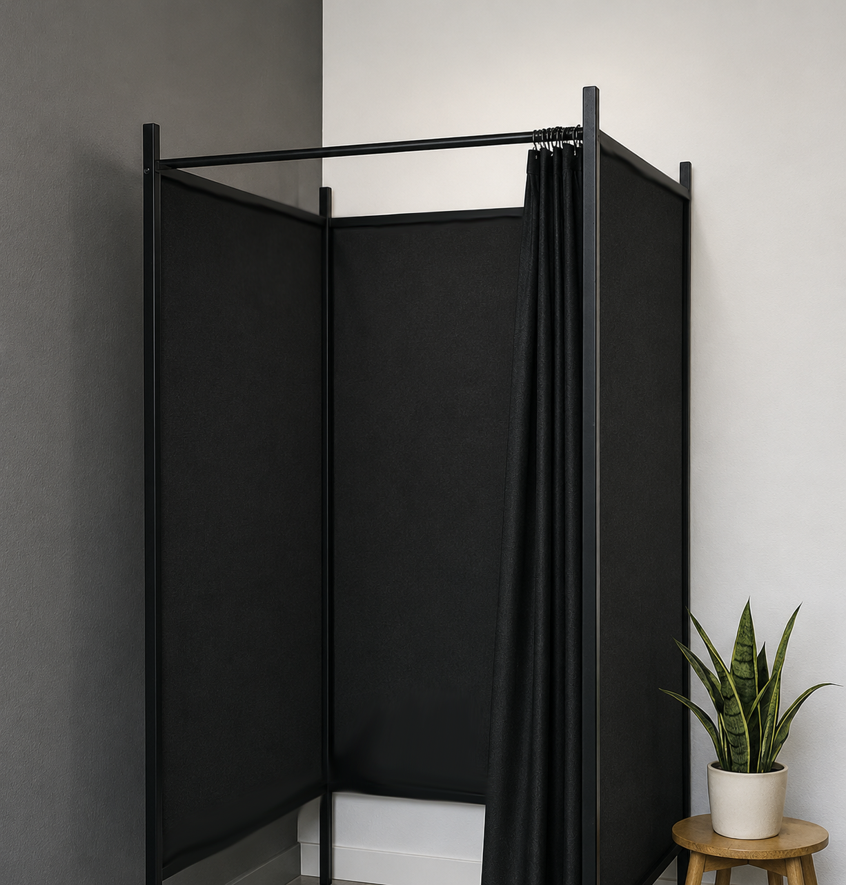 Flex fitting room, 3 sides, U-shaped, 100 x 100 cm. Black frame, incl. 1 black curtain, STOF-SIDER in black, 100 x 100 cm.
