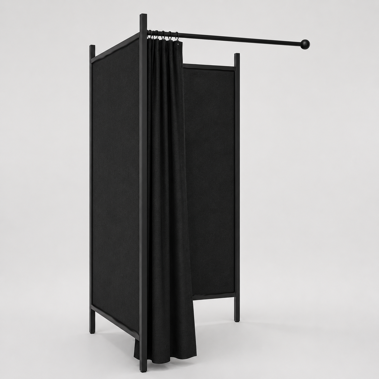 Flex, fitting room, 2 sides, black frame, incl. 1 black curtain, FABRIC-SIDES in black, 100 x 100 cm.