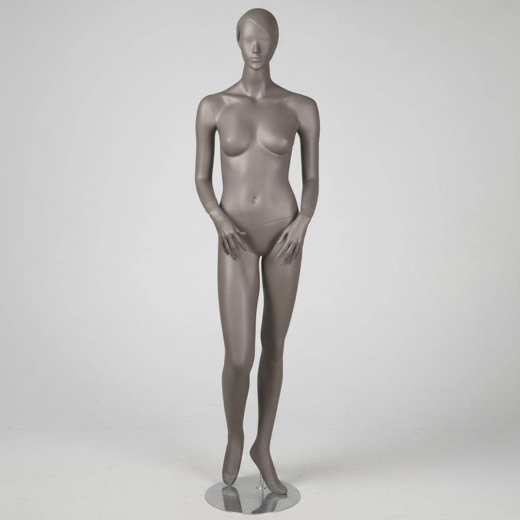 1400 female mannequin. Gray, matte with head, face and sculpted hair. H 178 cm. Hands in front