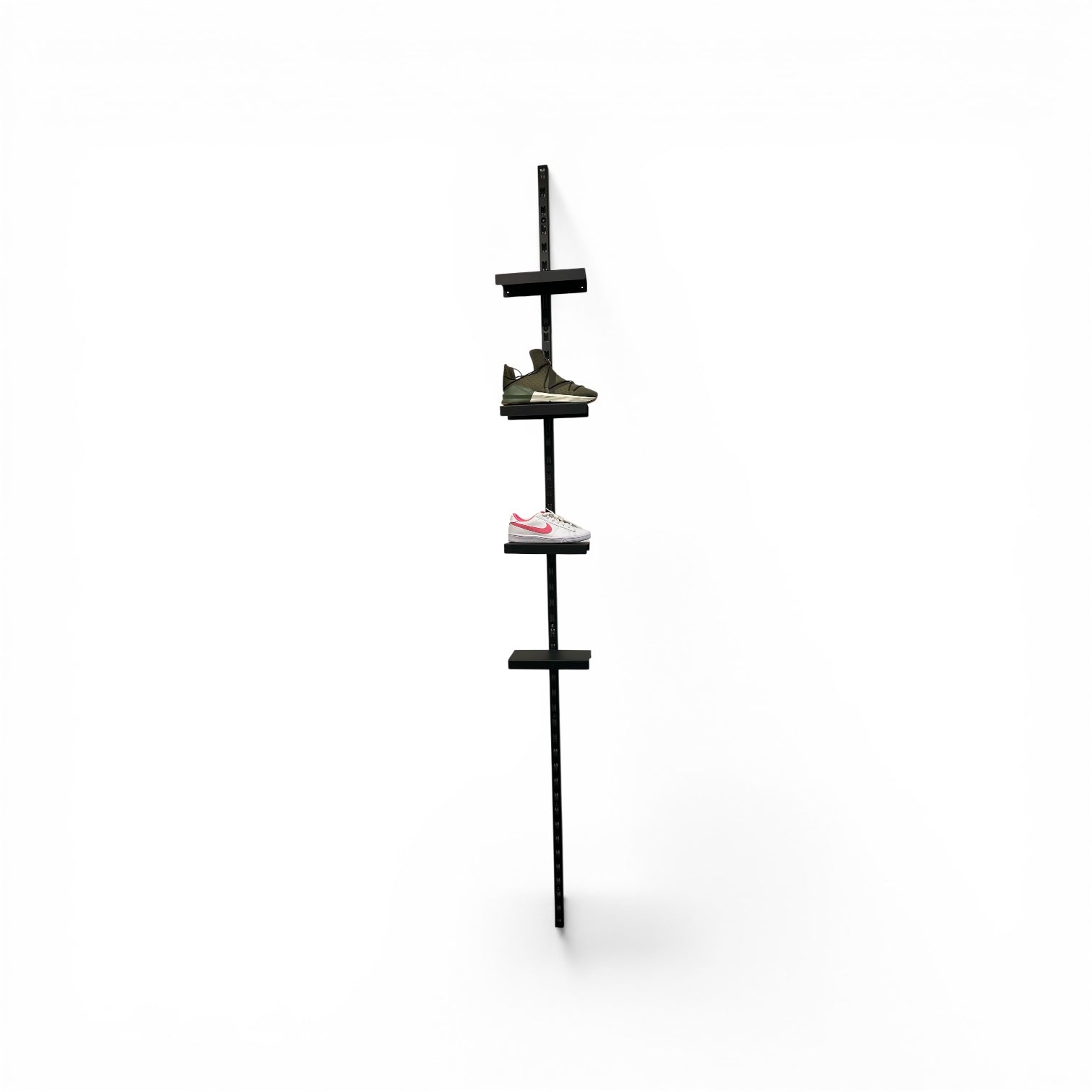 Shoe display – wall rail in black, H 240 cm with 5 shoe shelves