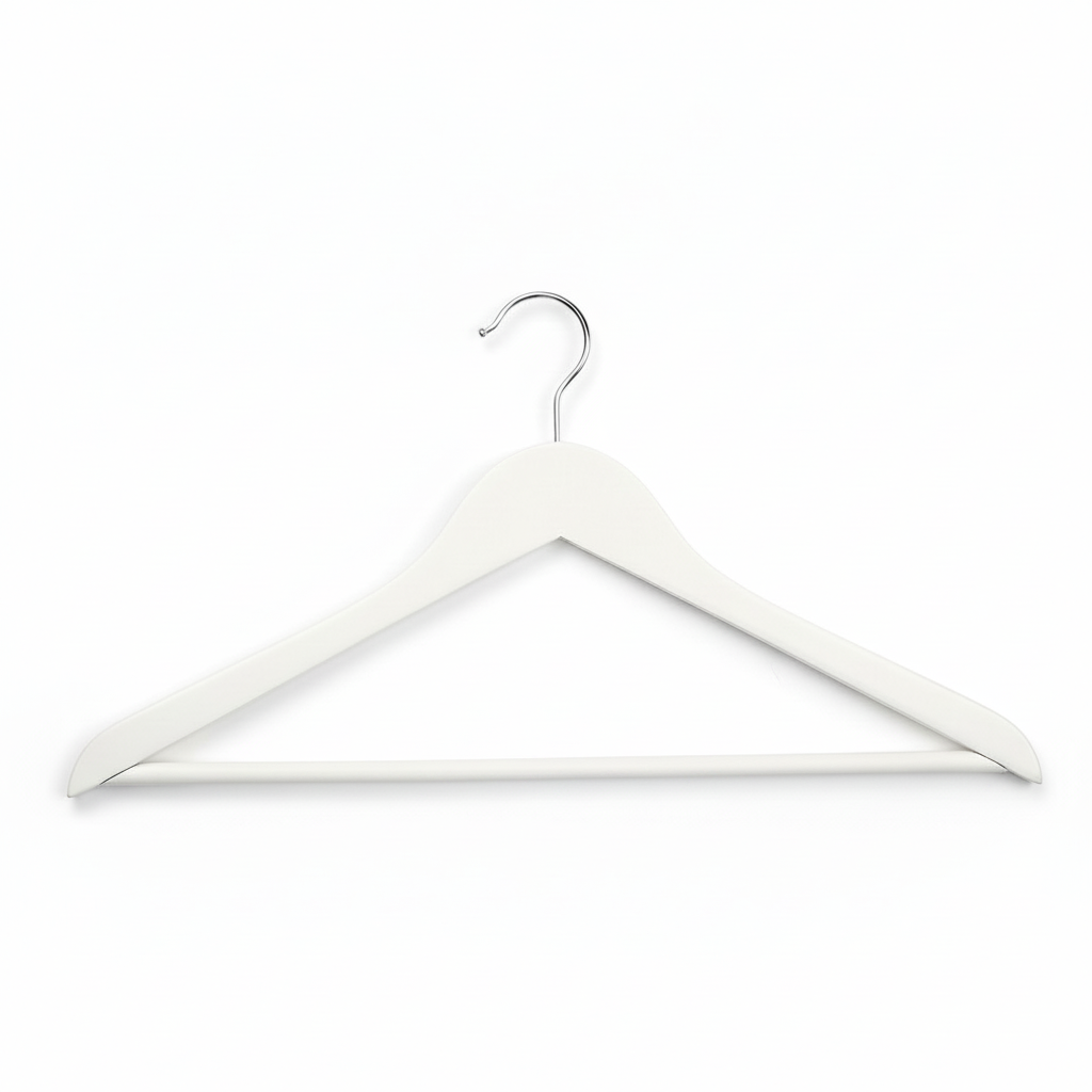 Solid flat wooden hanger with bar, adult-sized, white, 12 mm thick, 45 cm