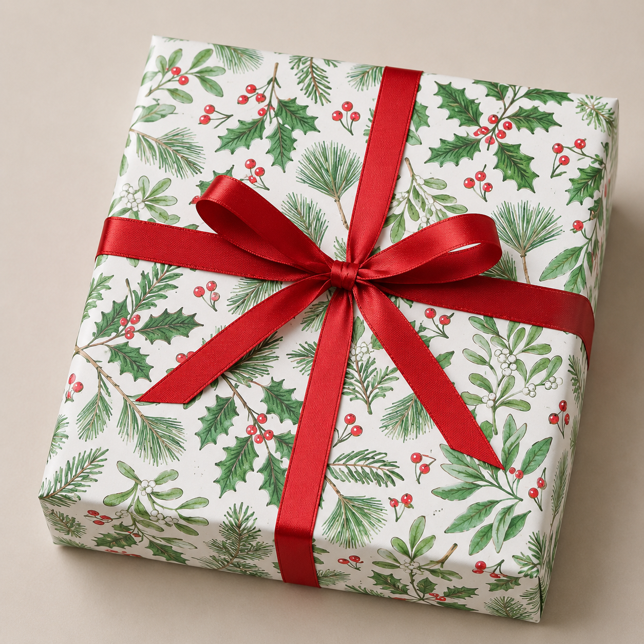 Christmas wrapping paper with holly and spruce branches. B50 cm x 50 mtr.