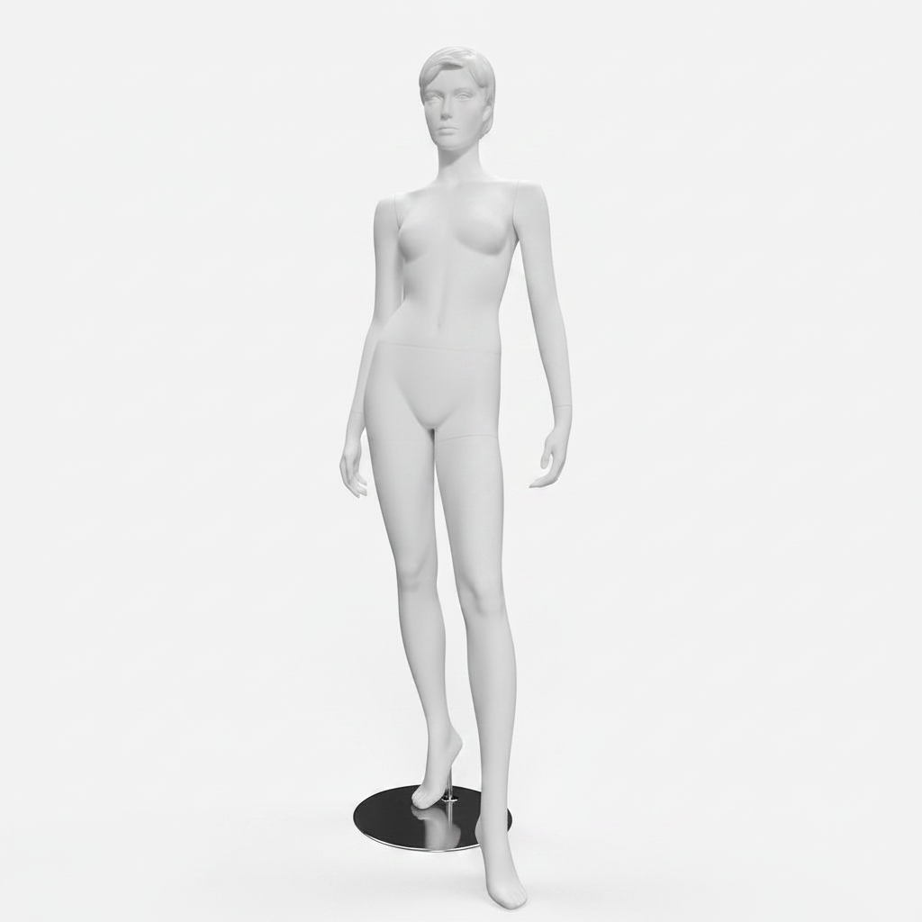 Realistic female mannequin. White with head, face and sculpted hair. Round metal base. Standing - slightly on tiptoe