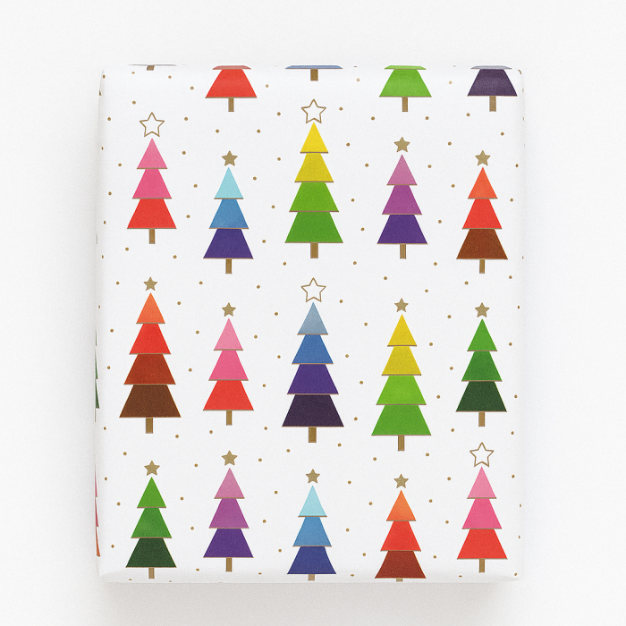 Wrapping paper, Christmas, white with colorful Christmas trees. W 50 cm x 50 m.
