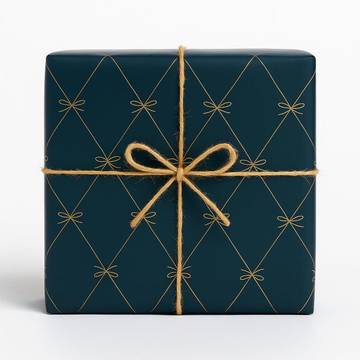 Wrapping paper, Christmas, matte blue with gold print ribbon and bow, W50 cm x 50 m