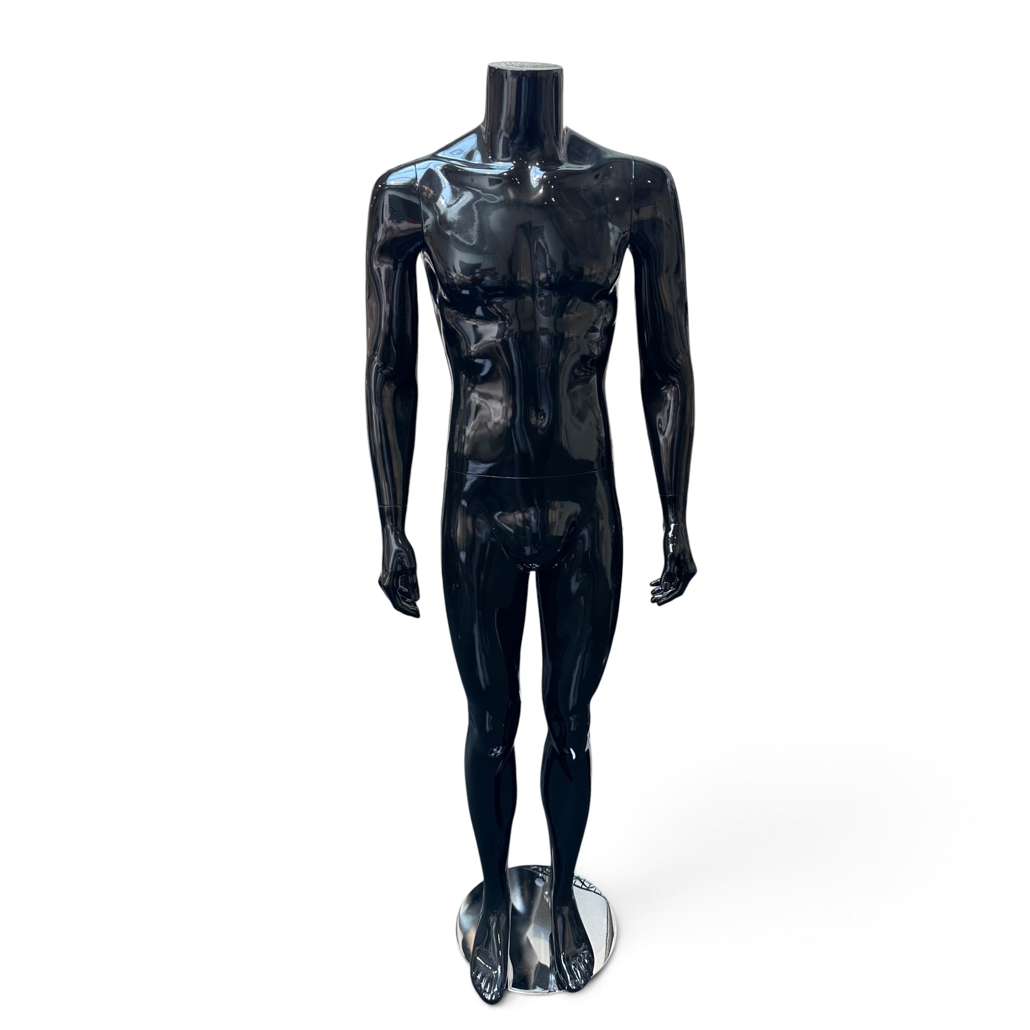 Family men's mannequin. Black high-gloss without head. Round glass base. H175 cm. Model B - stands upright