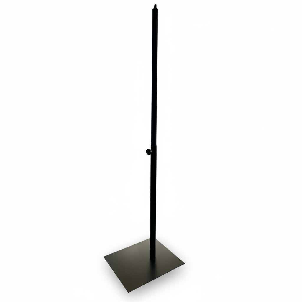 Metal base for torso or dress form. Square base 32 x 27 cm. Black metal. Includes screw for torso