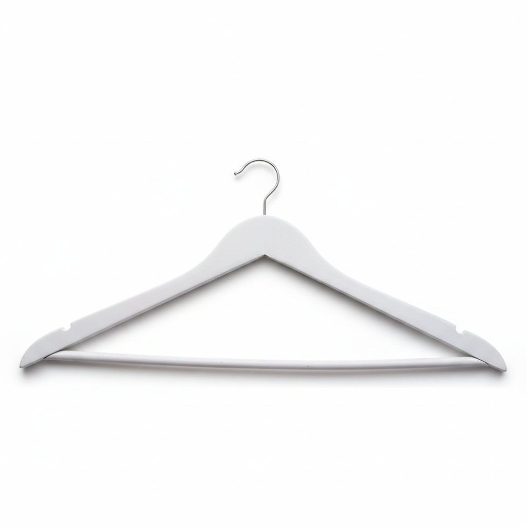 Wooden hanger, solid, flat, adult, with rubber and notch, with bar, matte white, 12 mm thick, 45 cm