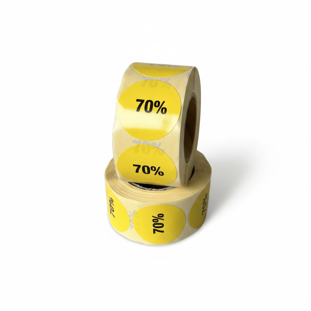Yellow discount sticker 70%. Roll of 500 pcs. Ø 30 mm.