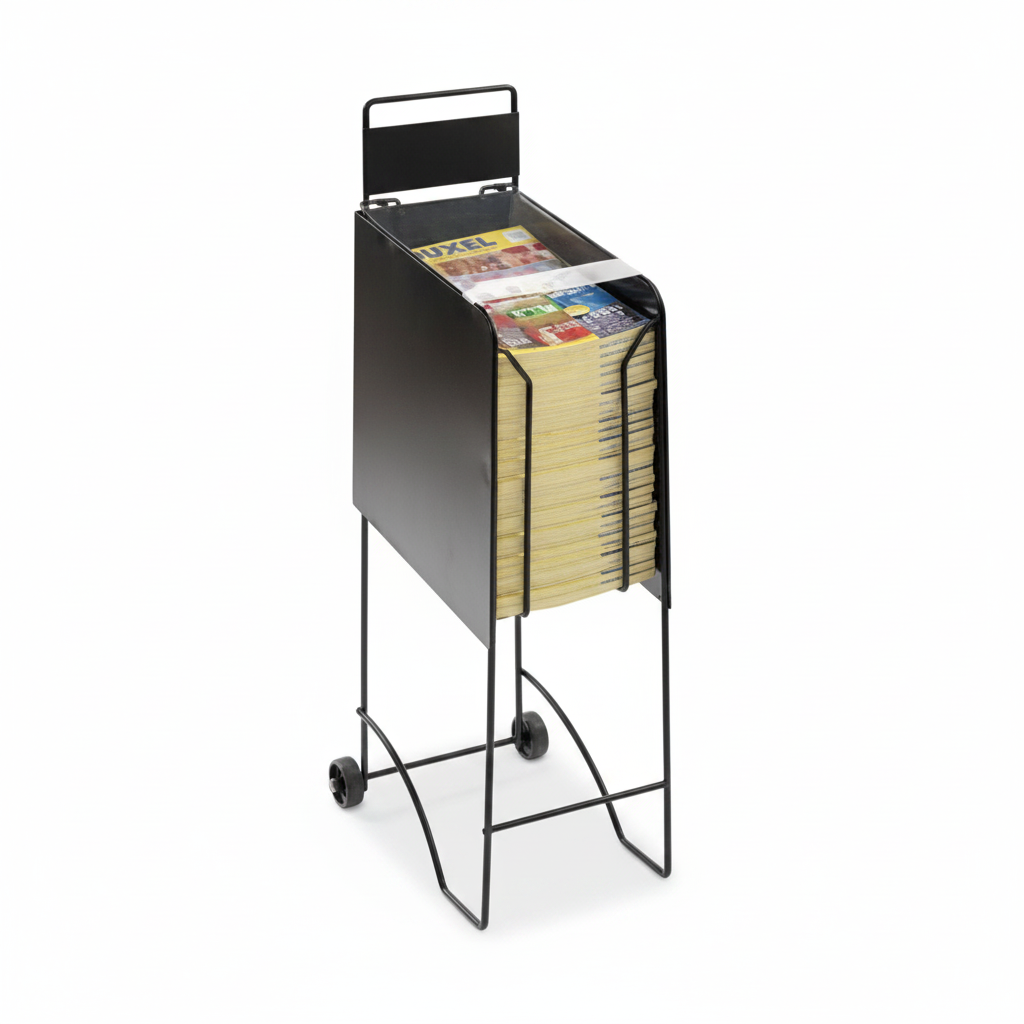 Catalog stand for A4 sheets. Black metal with wheels and narrow sign. 21.5 x H 97 cm
