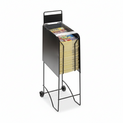 Catalog stand for A4 sheets. Black metal with wheels and narrow sign. 21.5 x H 97 cm