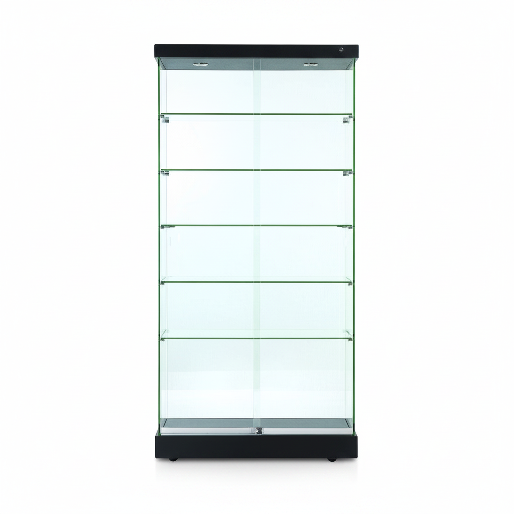 Display cabinet - Toscana II, floor display cabinet with lighting, black top and base, 90 x 46 x H184 cm.