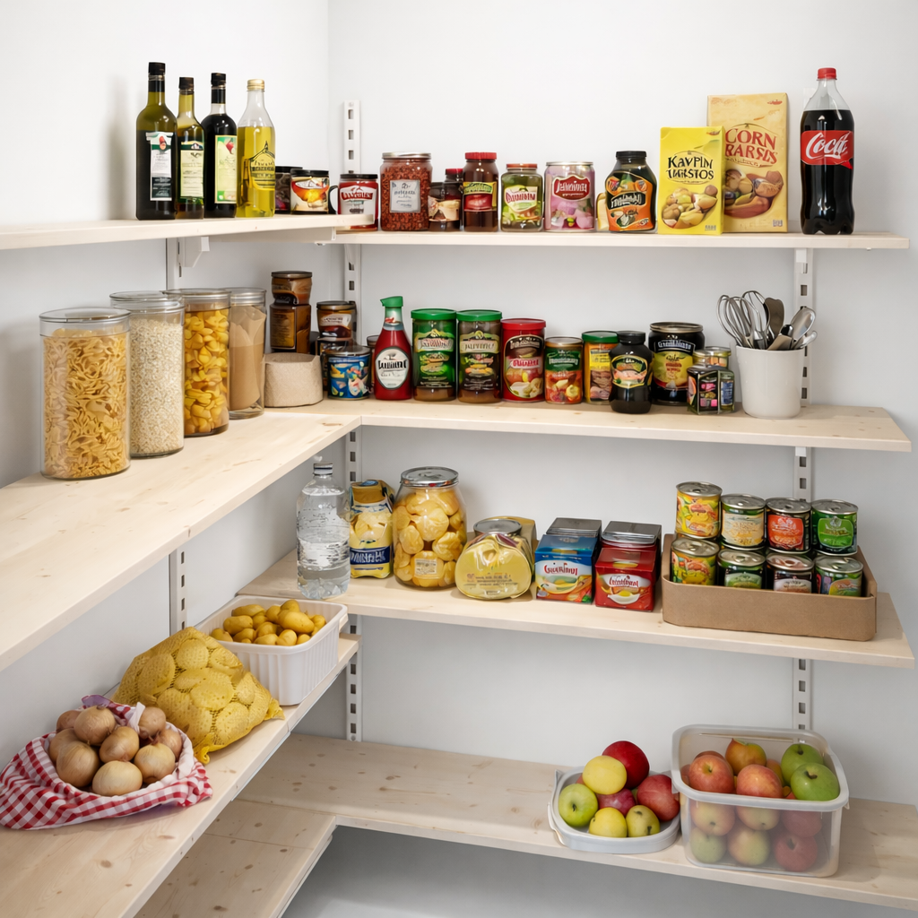 Pantry with Framework wall rails in white. As shown