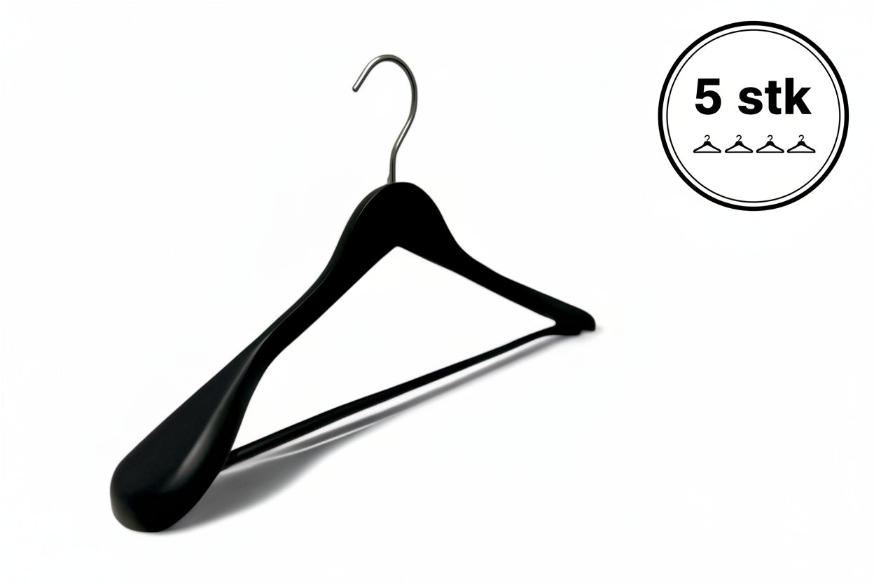 Wooden hanger, solid, angled, adult, extra heavy-duty, with non-slip trouser bar, matte black, 13/50 mm thick, 45 cm. Brushed satin chrome hook