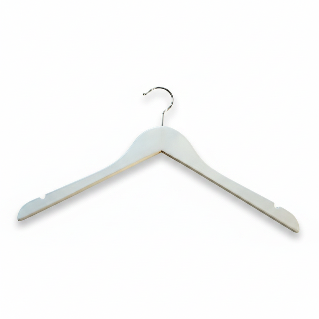 Wooden hanger, solid, flat, adult, without notch and rubber, without bar, matte white, 12 mm thick, 45 cm