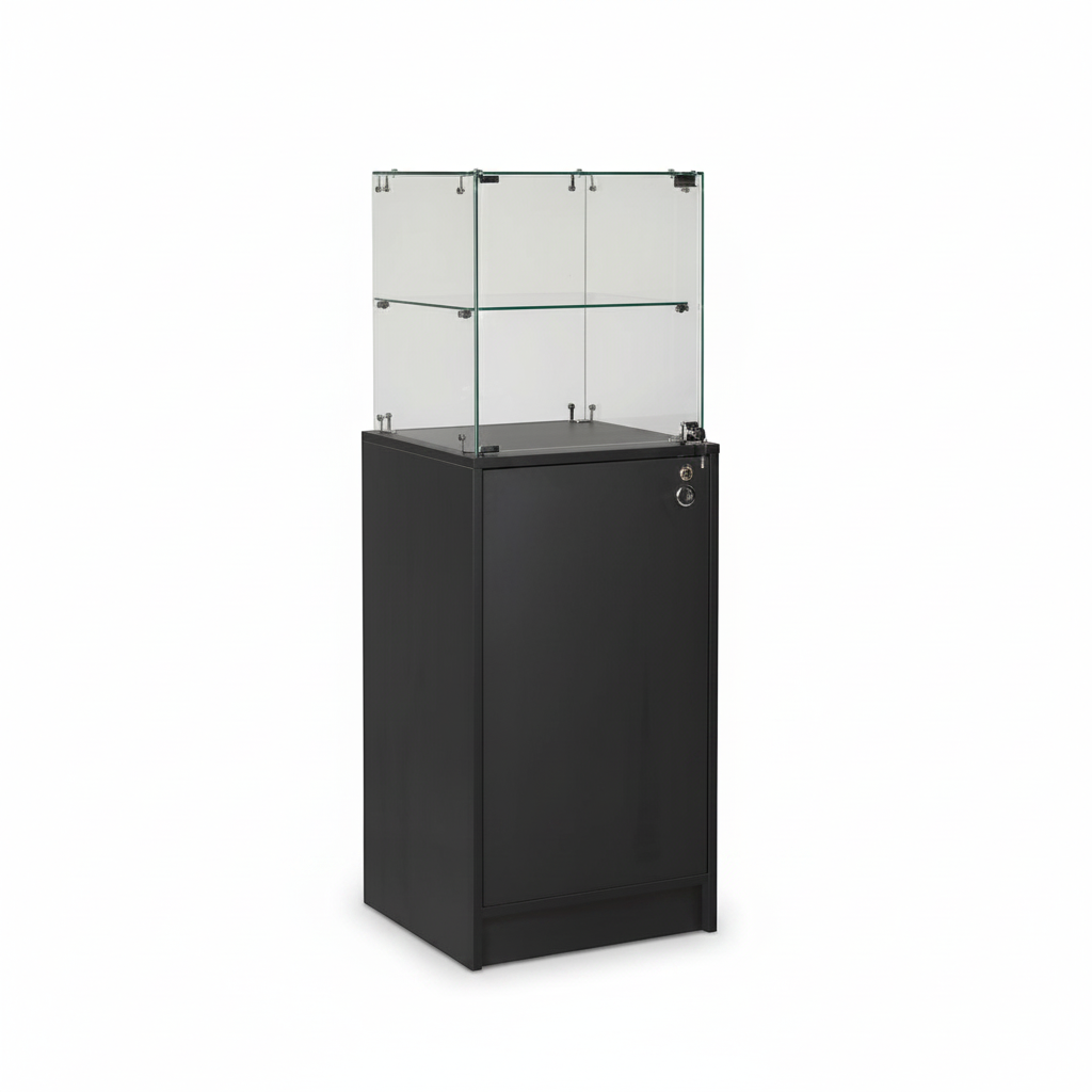 Slimline display cabinet with base cupboard. Lock on display and cupboard, black, W46 x D46 x H148
