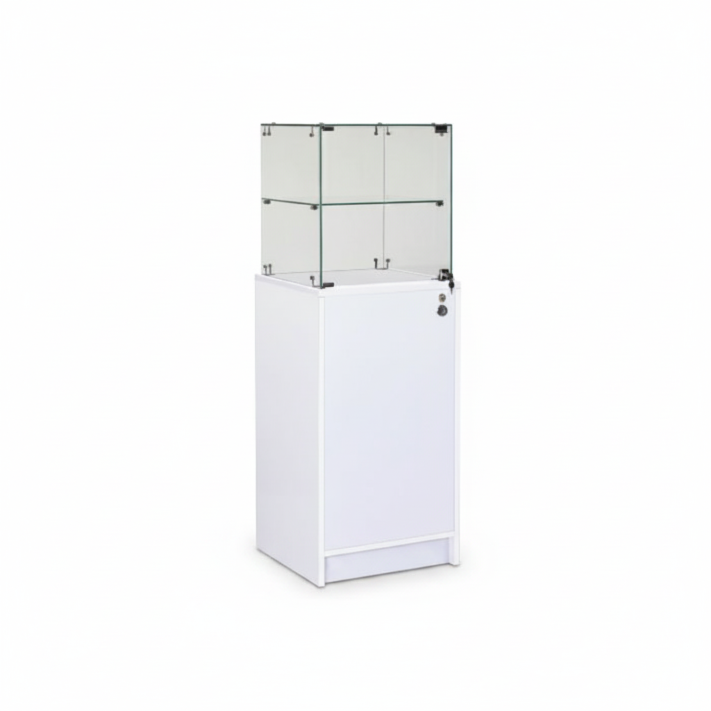Slimline display cabinet with base cabinet. Lock on display and cabinet, white, W46 x D46 x H148
