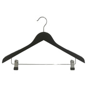 Wood hanger, solid, flat, adult, with clips, black, 12 mm thick, 45 cm