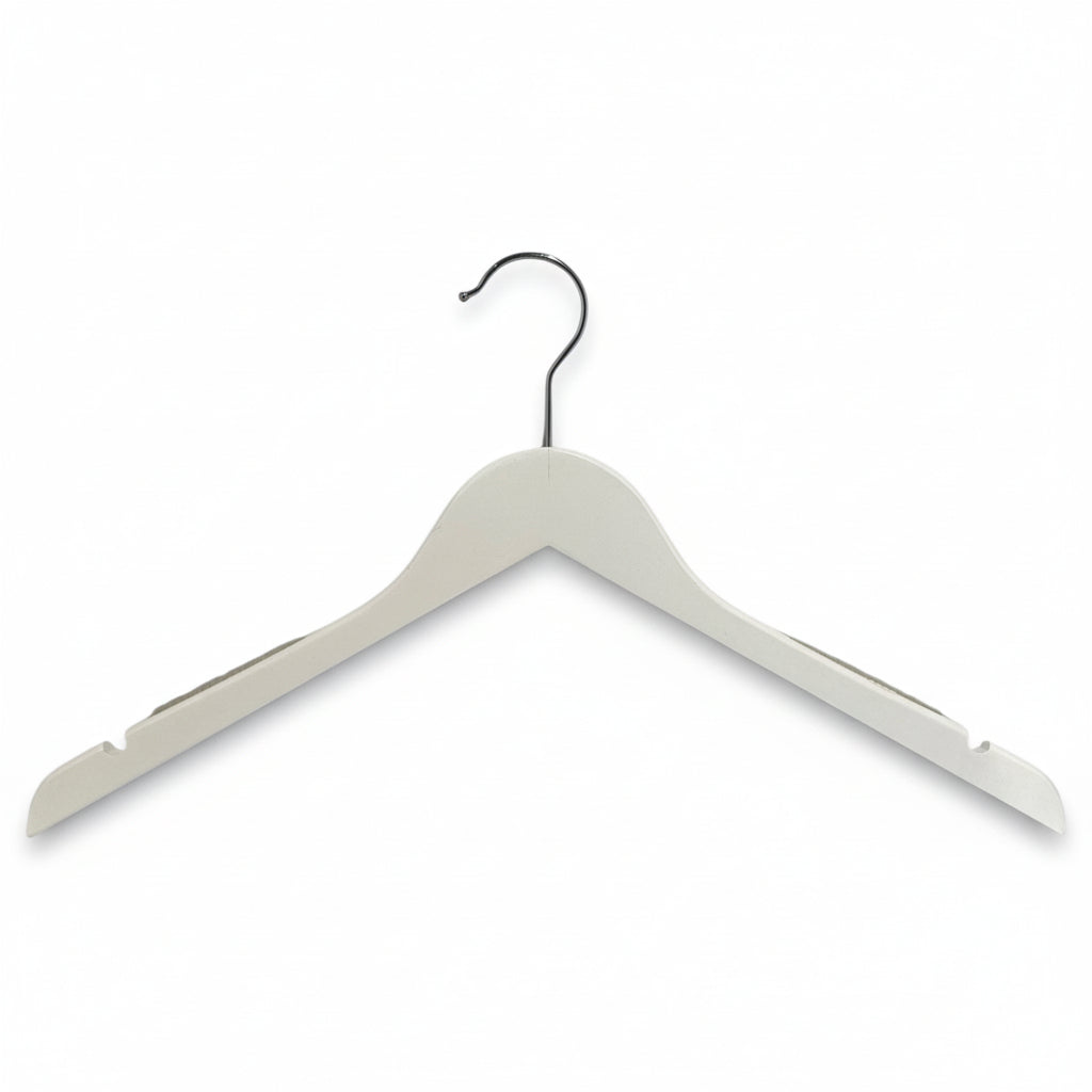Wooden hanger, solid, flat, adult, with rubber and notch, without bar, white, 12 mm thick, 45 cm