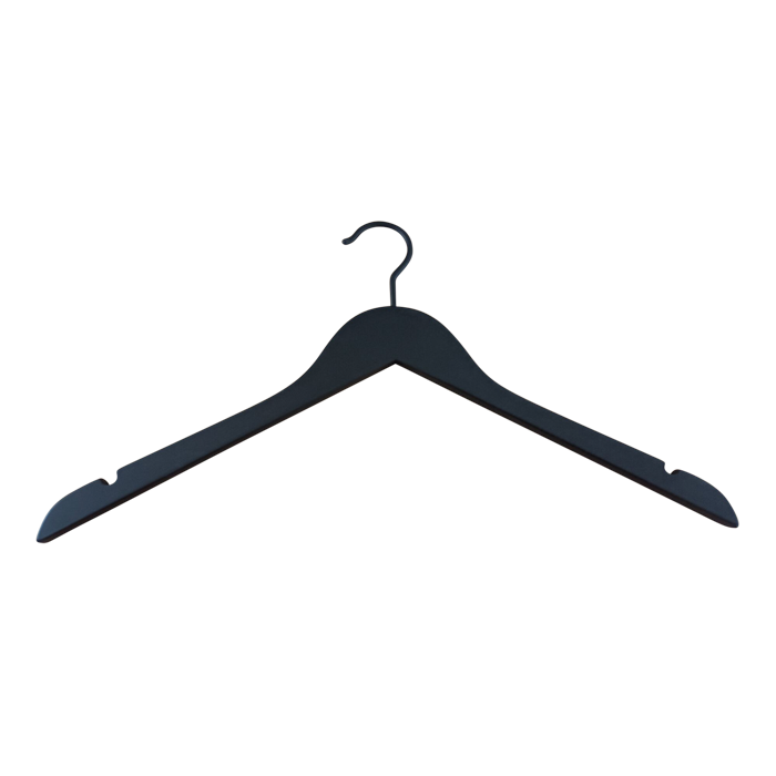 Wood hanger, solid, flat, adult, with rubber and notch, without bar, black, 12 mm thick, 45 cm