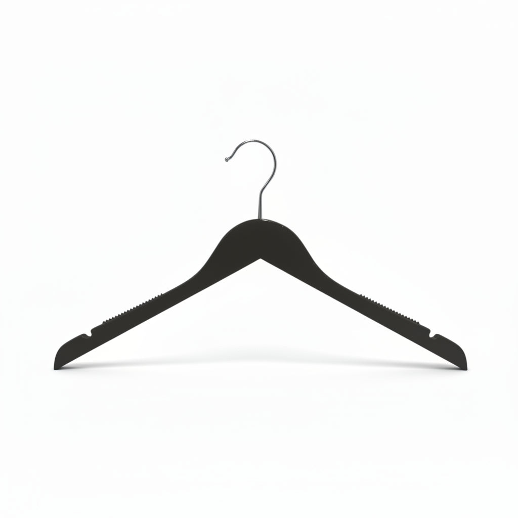 Træbøjle, solid, flat, adult, with rubber and notch, without bar, black, 12 mm thick, 45 cm. Pack of 10 pcs. Unit price