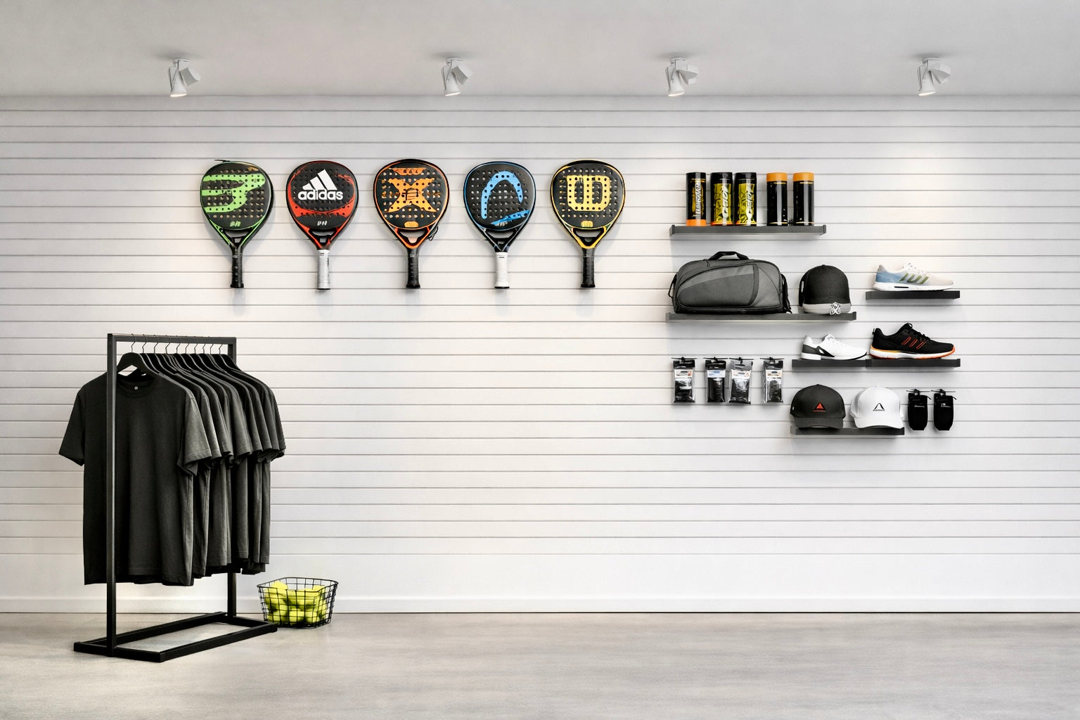 Padelvæg med tøjstativ. Rillepanel væg B360 cm x H240 cm.