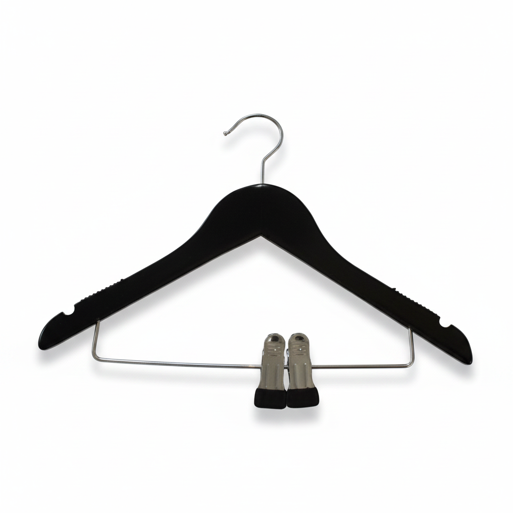 Wooden hanger, solid, flat, junior, with rubber and notch, with clips, matte black, 32 cm