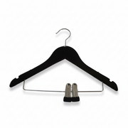 Wooden hanger, solid, flat, junior, with rubber and notch, with clips, matte black, 32 cm