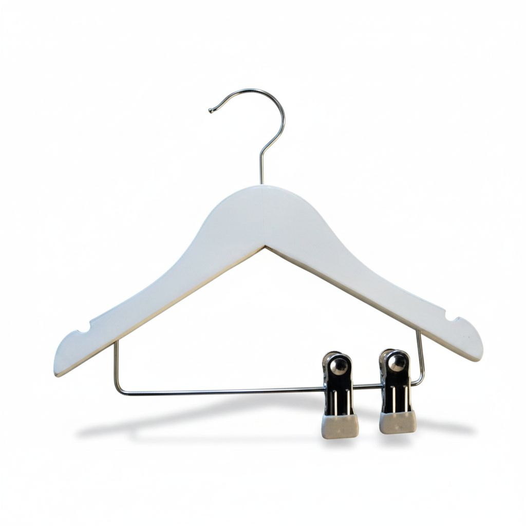 Wood hanger, solid, flat, baby, with rubber and notch, with clips, glossy white, 27 cm
