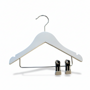 Wood hanger, solid, flat, baby, with rubber and notch, with clips, glossy white, 27 cm
