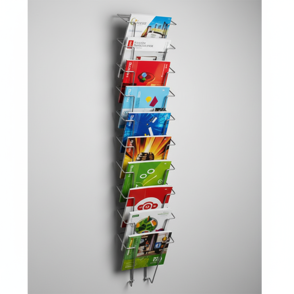 Wall brochure holder, A5, 9 pockets, aluminum, 16.5 x H78 cm.
