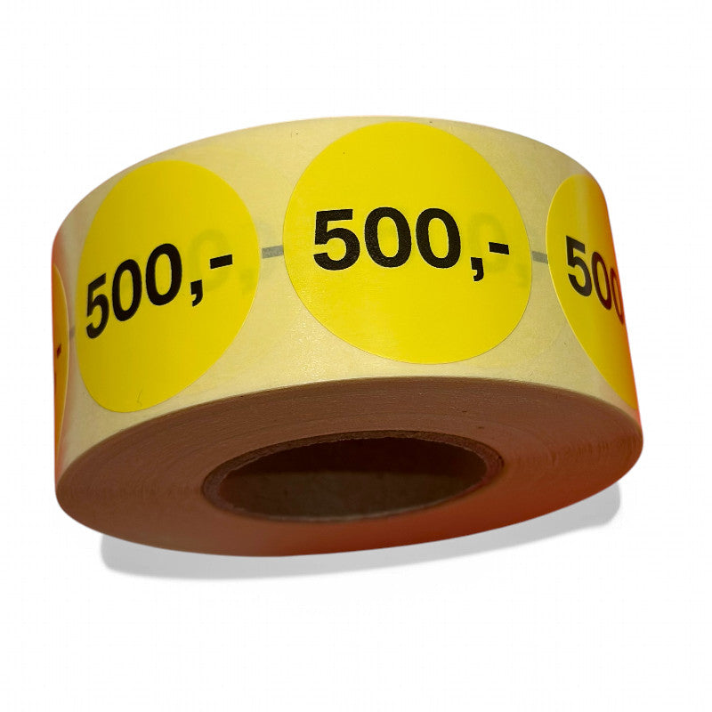 Yellow labels with printed ',-' — 1,000 pcs. Select amount