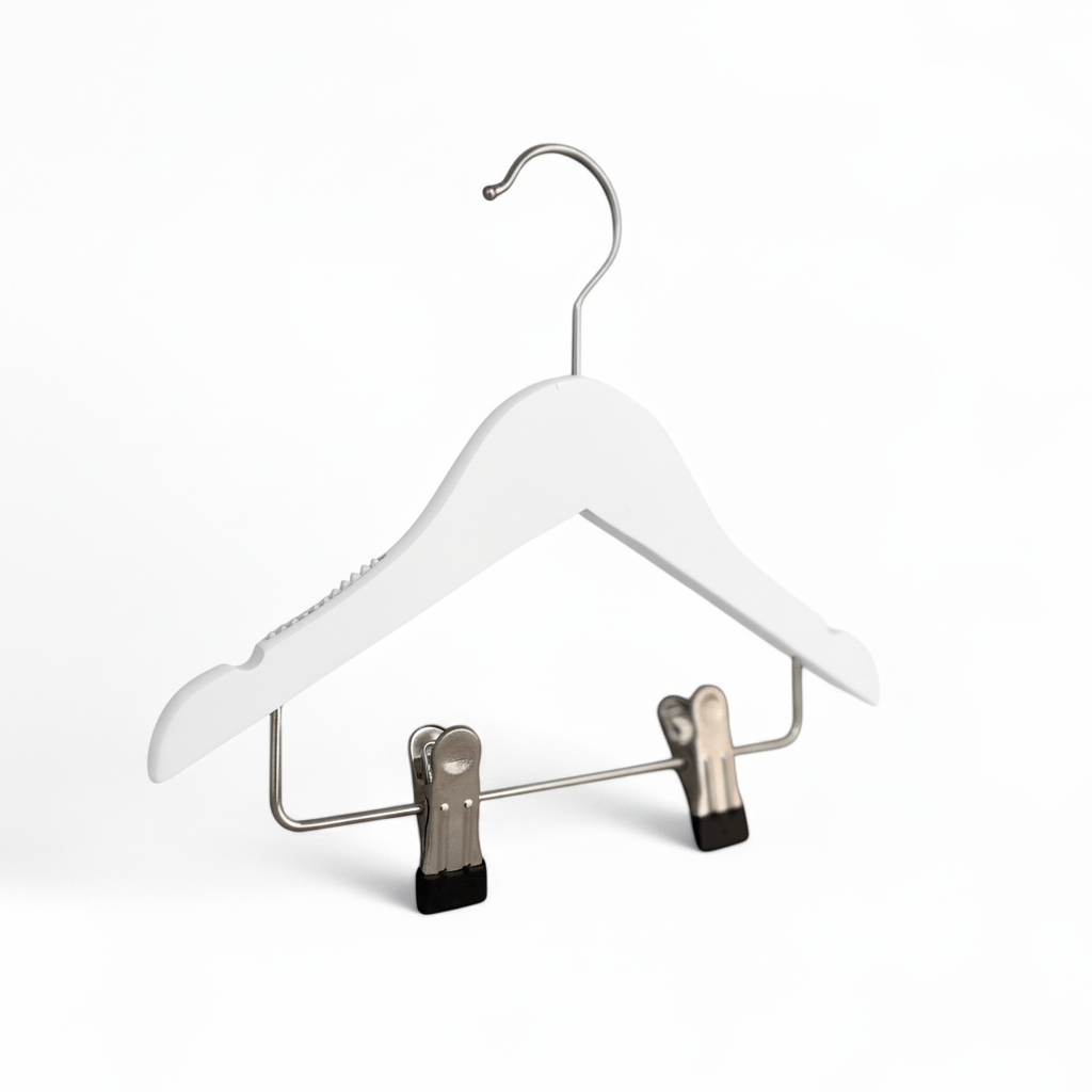 Wood hanger, solid, flat, baby, with rubber and notch, with clips, matte white, 27 cm