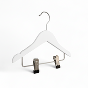 Wood hanger, solid, flat, baby, with rubber and notch, with clips, matte white, 27 cm